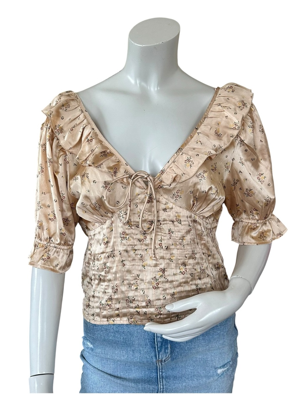 Free People Isabella Beige Cottagecore Floral Milkmaid Puff Sleeve Blouse Small